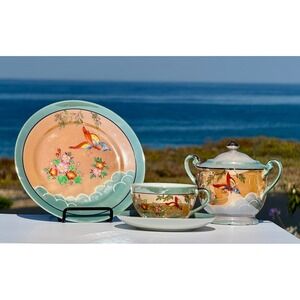 Lusterware Tea Set Chikaramachi 18 Piece Peach Green Butterfly Floral Vintage
